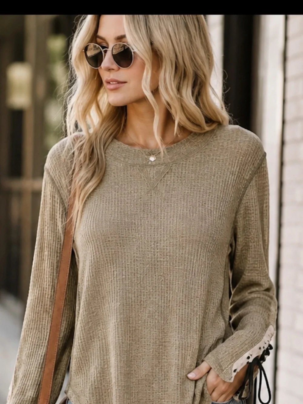 Free People | Waffle Knit Tie Sleeve Top | Size Large